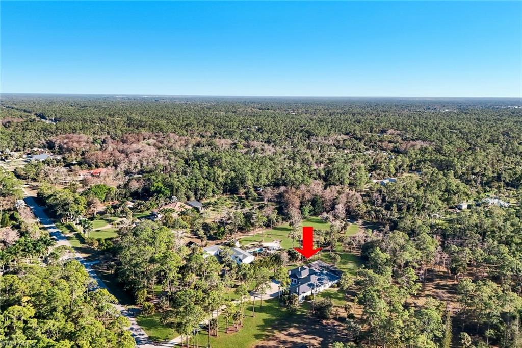 Aerial view of property and surrounding area with a forest