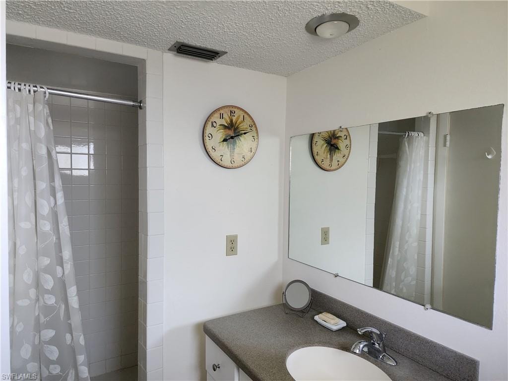 Bathroom featuring vanity, a textured ceiling, and a shower with shower curtain