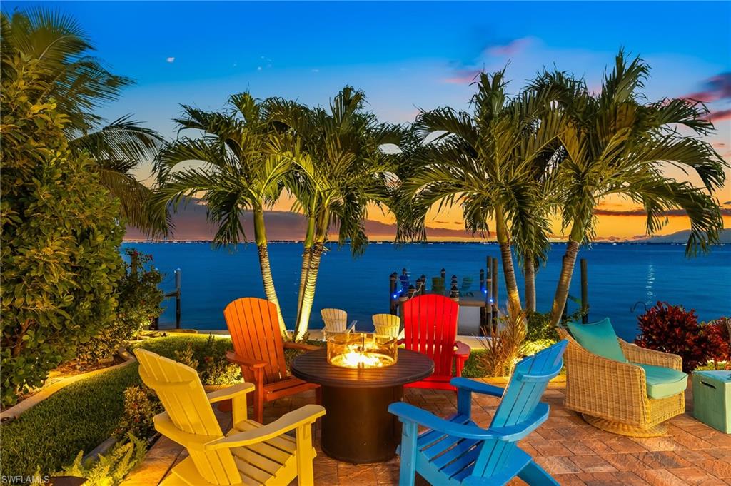 View of patio featuring a water view and a fire pit