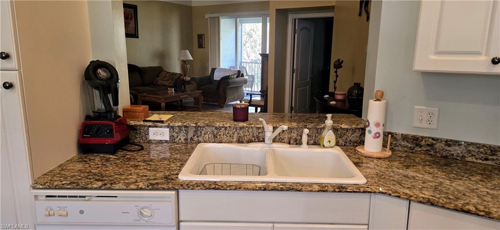 View from the kitchen sink to the living room.