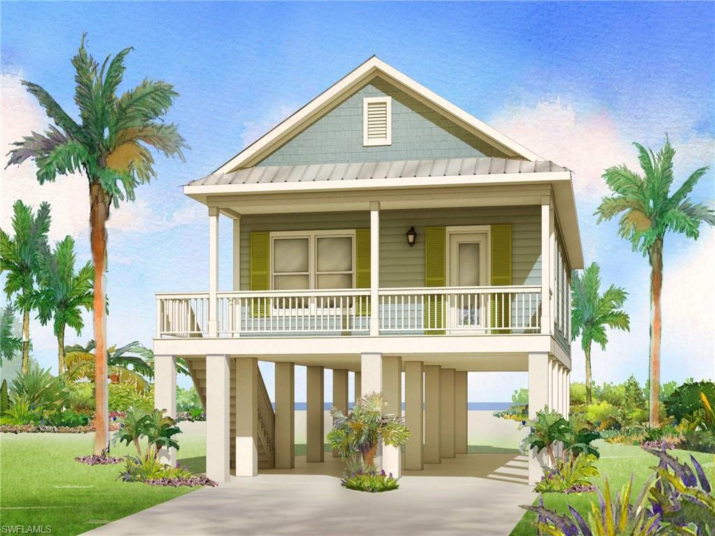 Future suggested construction. Raised beach house with a carport, a standing seam roof, concrete driveway, a metal roof, and covered porch