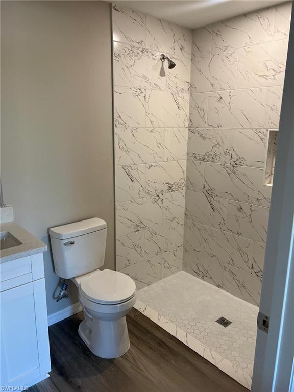 Bathroom with vanity, dark wood-style flooring, and a shower stall