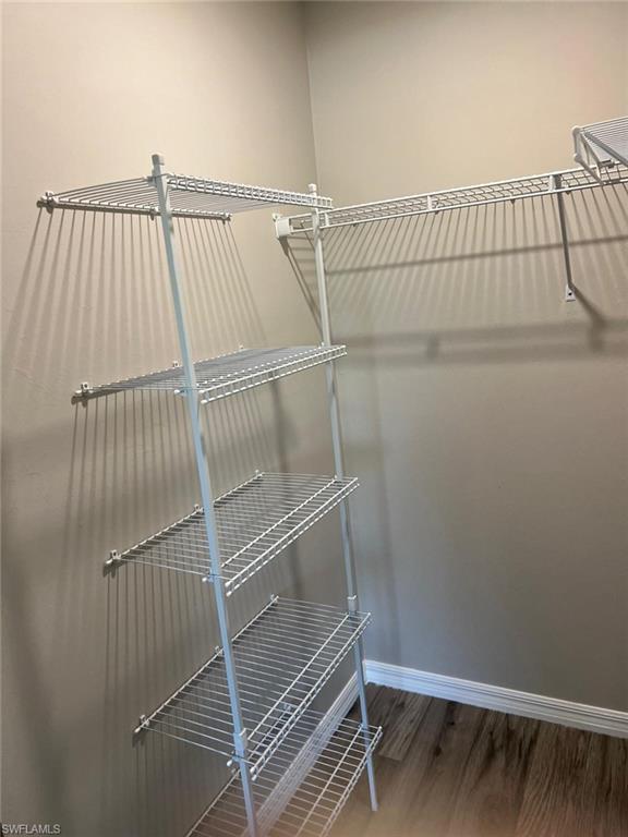 Walk in closet with light wood-type flooring