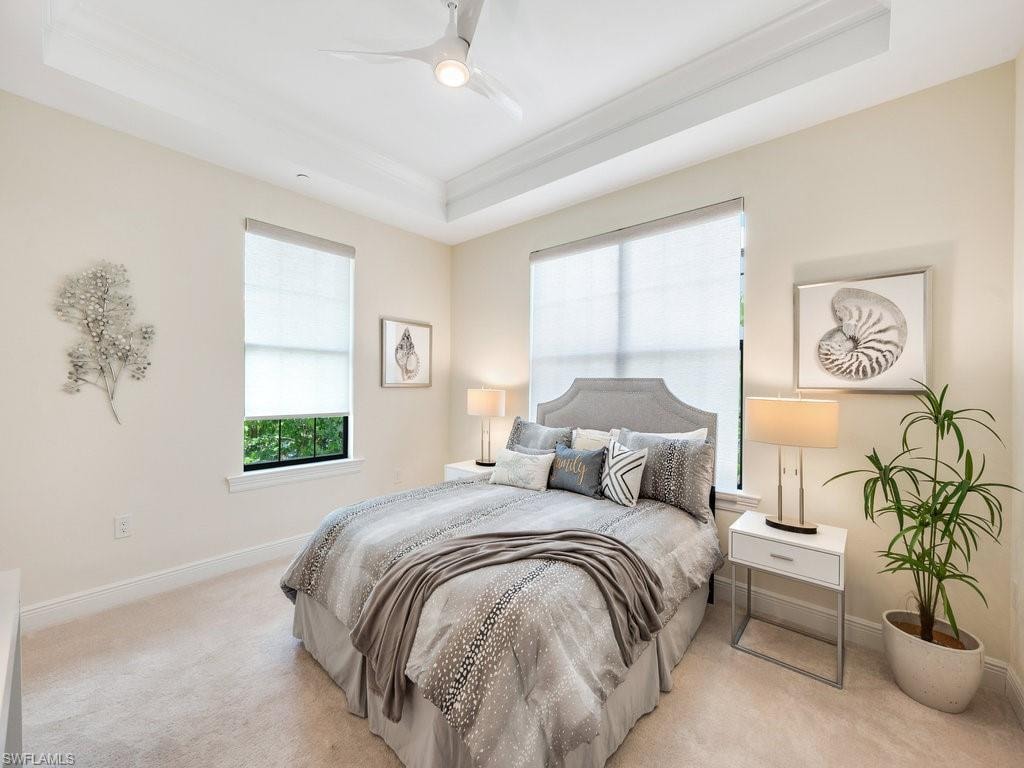 Bedroom featuring a tray ceiling, carpet, and multiple windows