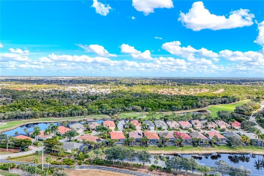 Aerial perspective of suburban area featuring a large body of water and a tree filled landscape