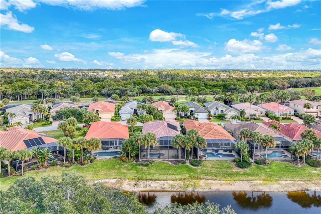 Aerial perspective of suburban area with a large body of water