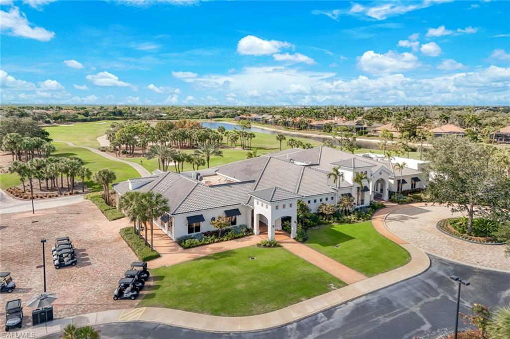 Aerial view of a nearby body of water and a golf course