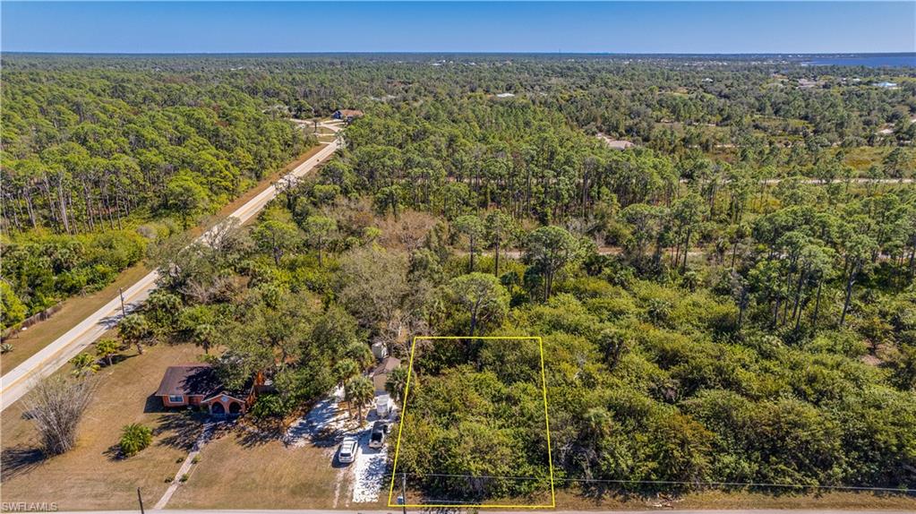 Aerial overview of property's location with property parcel outlined and a heavily wooded area