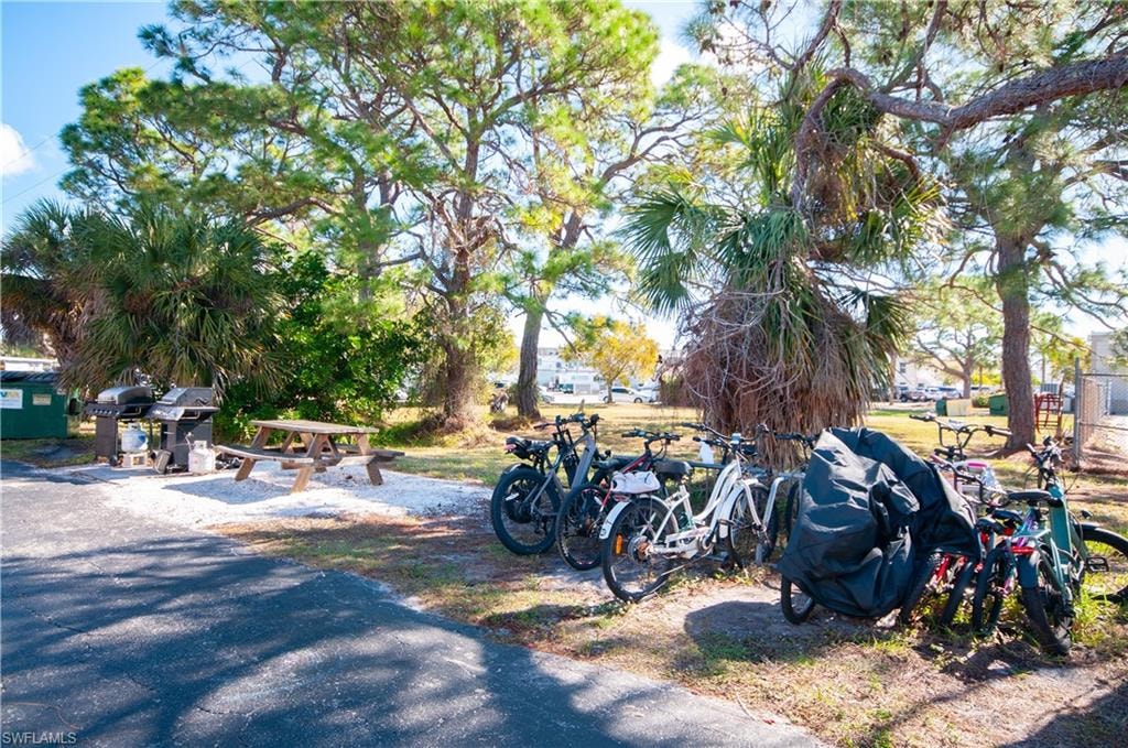 Grill area and bike storage.