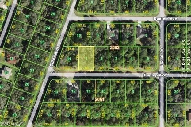 Aerial view of property's location with property parcel outlined