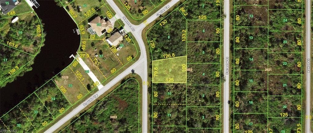 Aerial overview of property's location with property boundaries highlighted