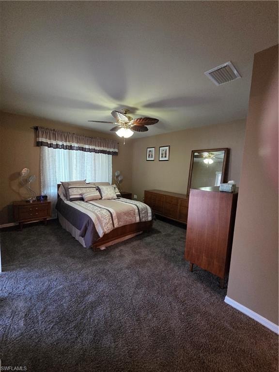 Main Bedroom featuring dark carpet and ceiling fan, 2 closets