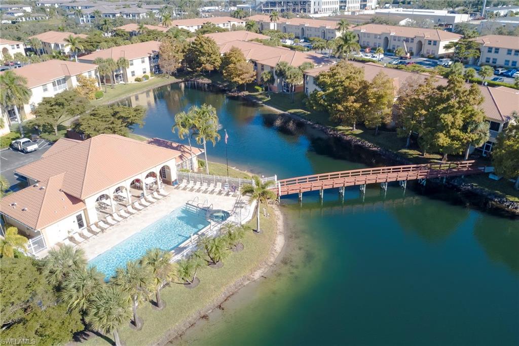 Bird's eye view of a large body of water and a pool