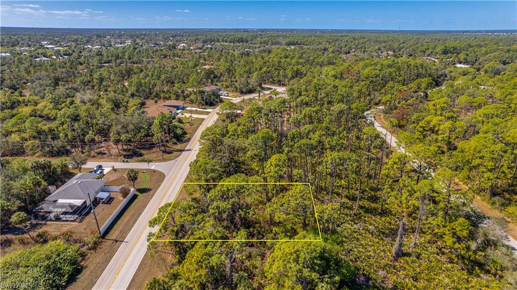 Aerial view of property's location with a forest and property parcel outlined