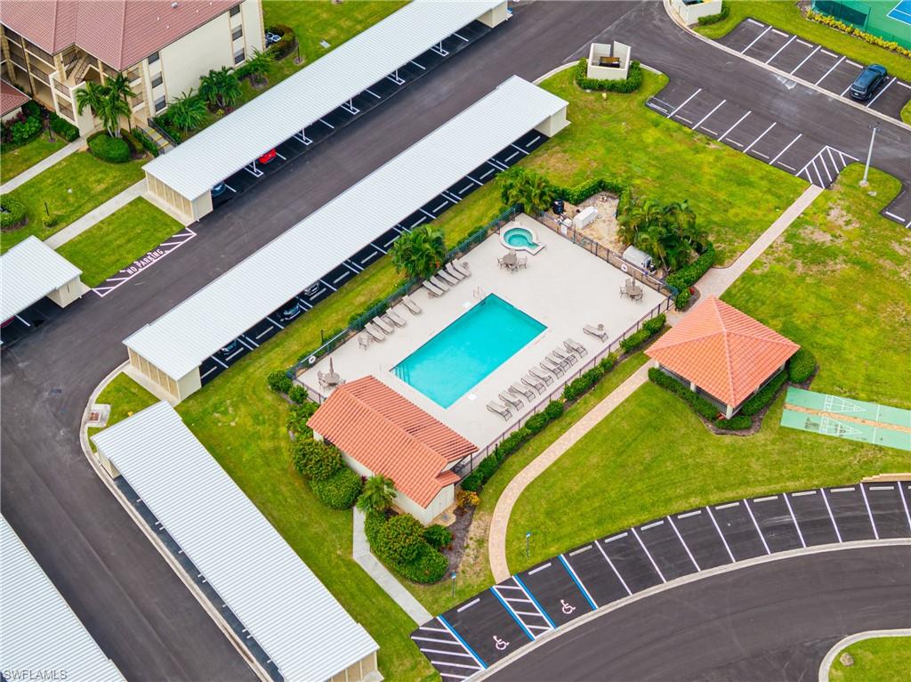 Drone / aerial view of a pool area