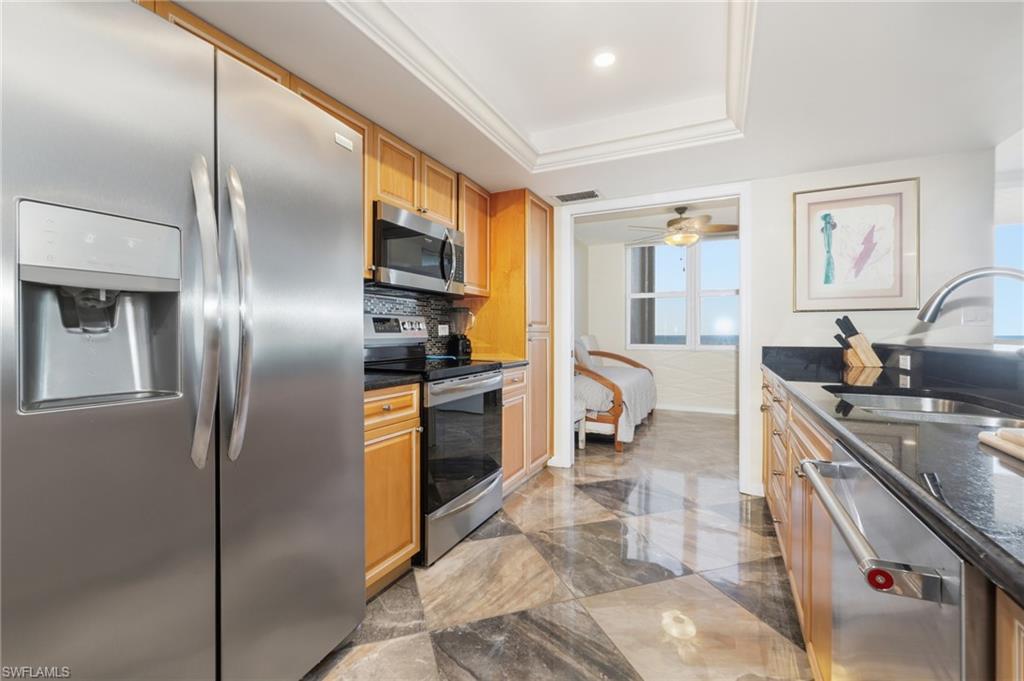 Kitchen featuring appliances with stainless steel finishes, dark stone counters, a tray ceiling, ceiling fan, and dark marble finish floors
