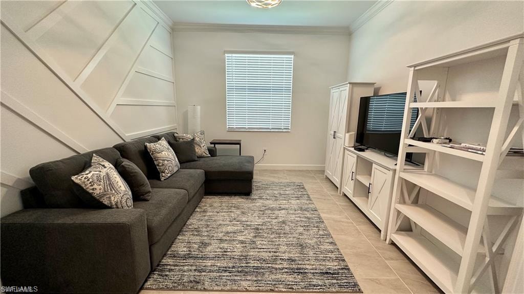 Tiled living room with ornamental molding