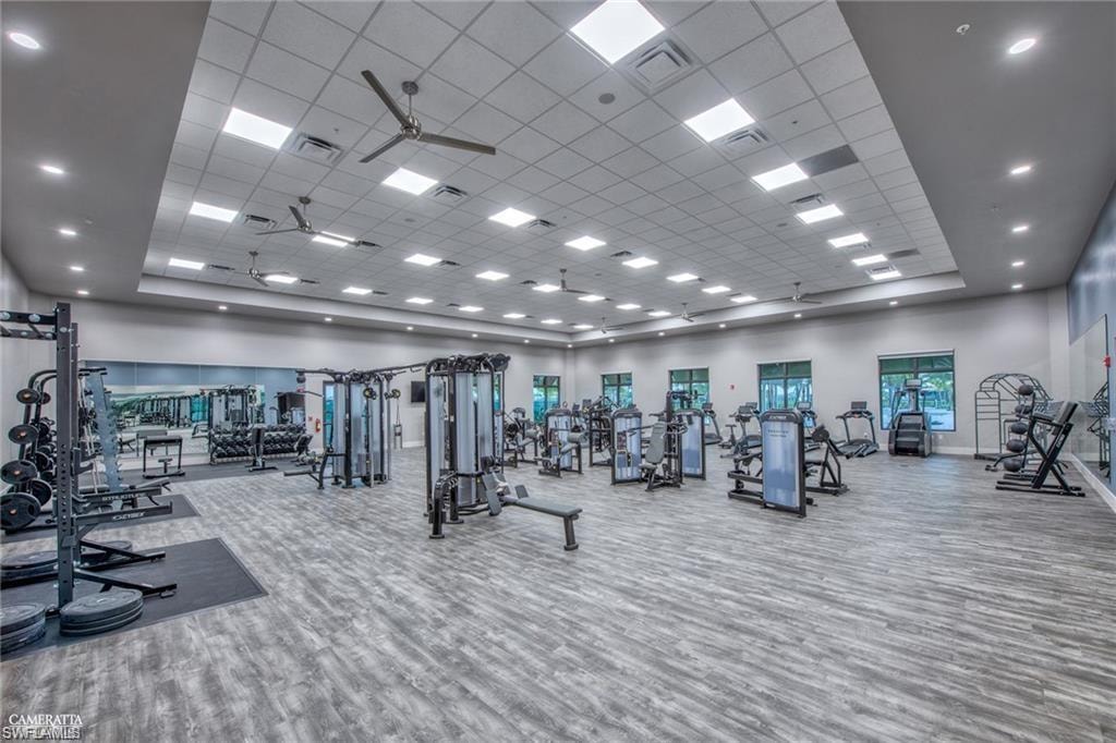 Gym with ceiling fan, hardwood / wood-style flooring, and a paneled ceiling