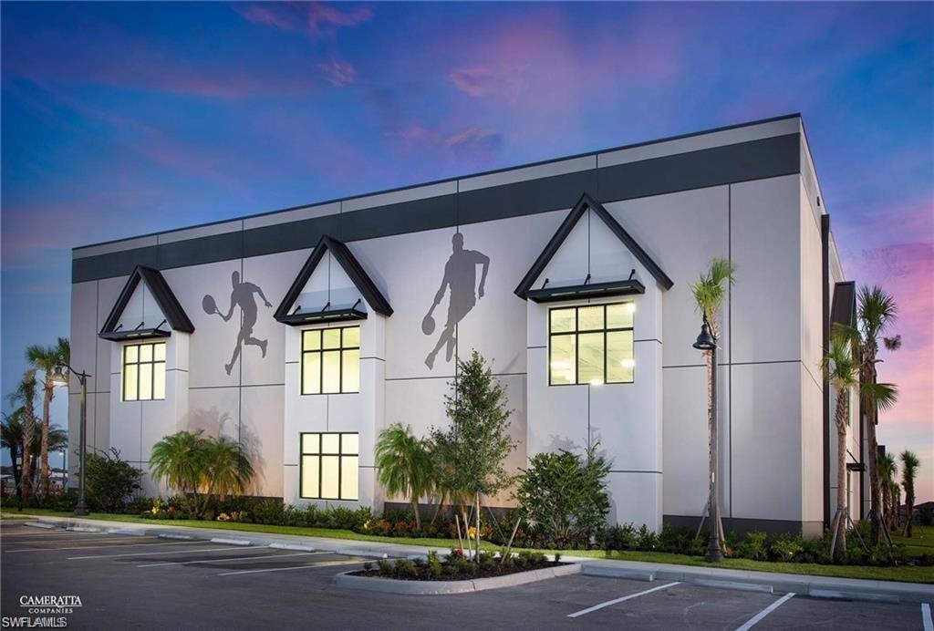 View of outdoor building at dusk