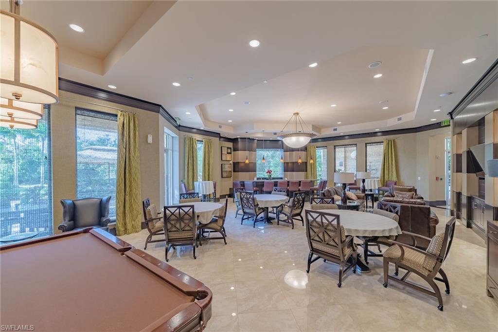Rec room with healthy amount of natural light, billiards, recessed lighting, and crown molding