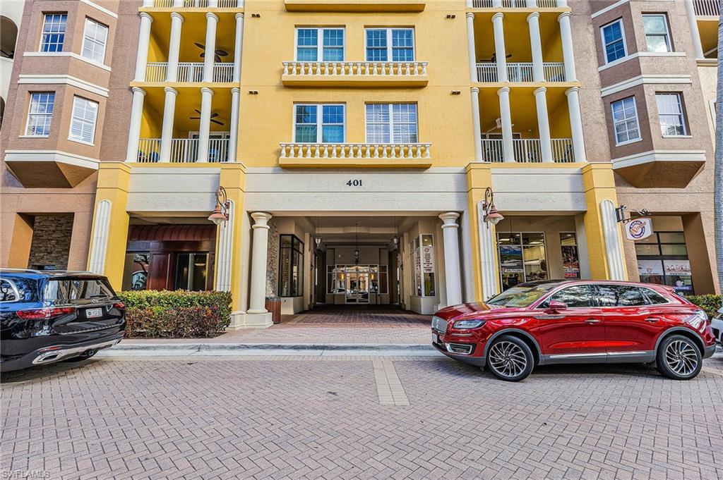 View of apartment building and lobby entrance