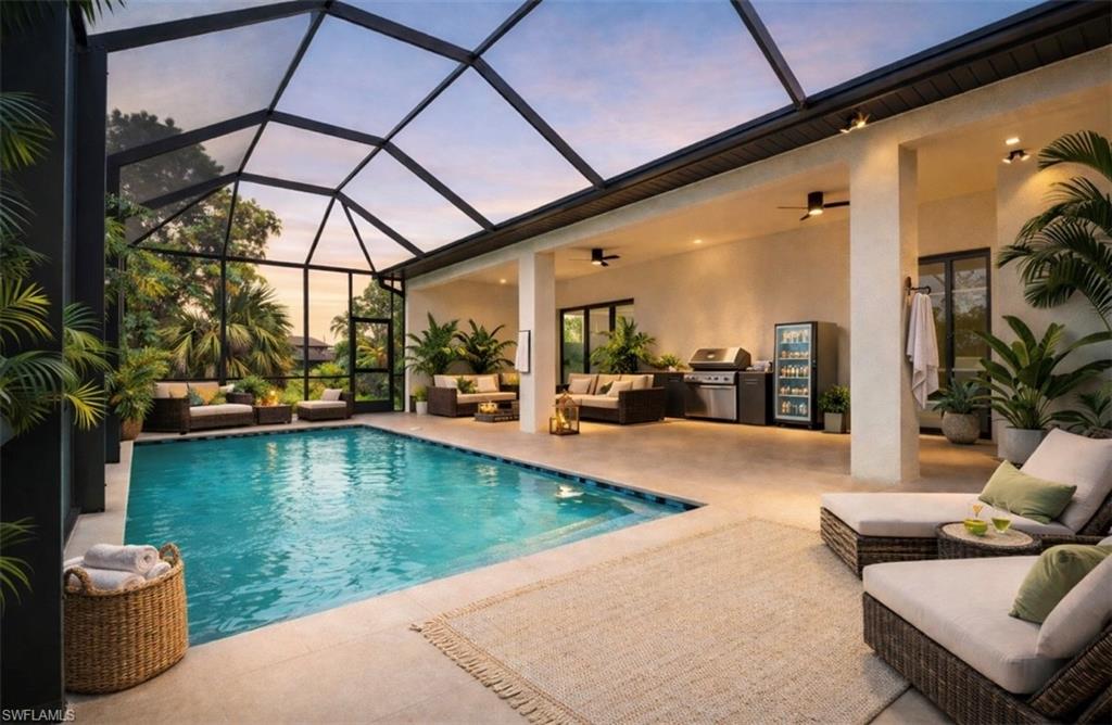 Pool at dusk with an outdoor living space, an outdoor pool, a sunroom, and a patio (Rendered photo)