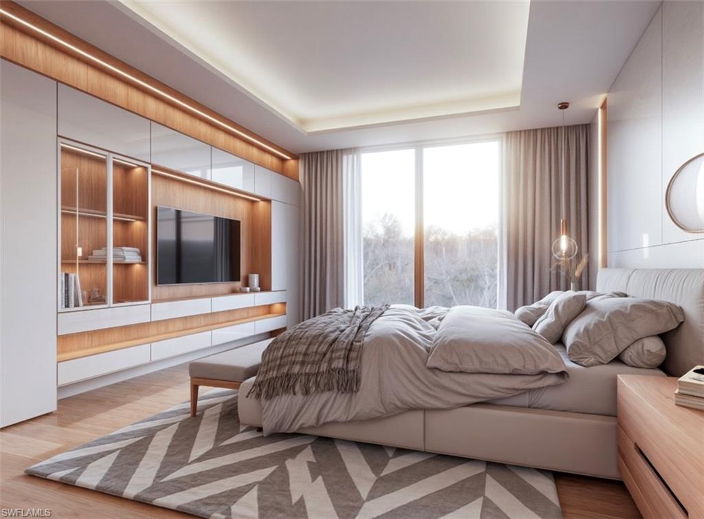Integrated wood-finish and white cabinetry with accent lighting, large picture windows with drapery, hardwood flooring, and recessed ceiling lighting (Rendered photo)
