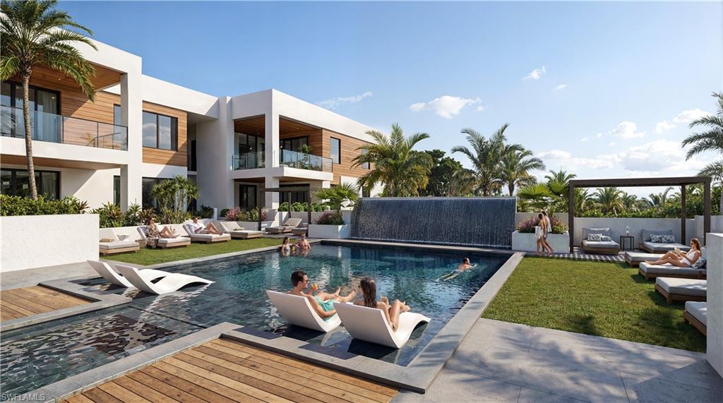 Modern exterior with white stucco and wood-finish accents, featuring multiple balconies with glass railings