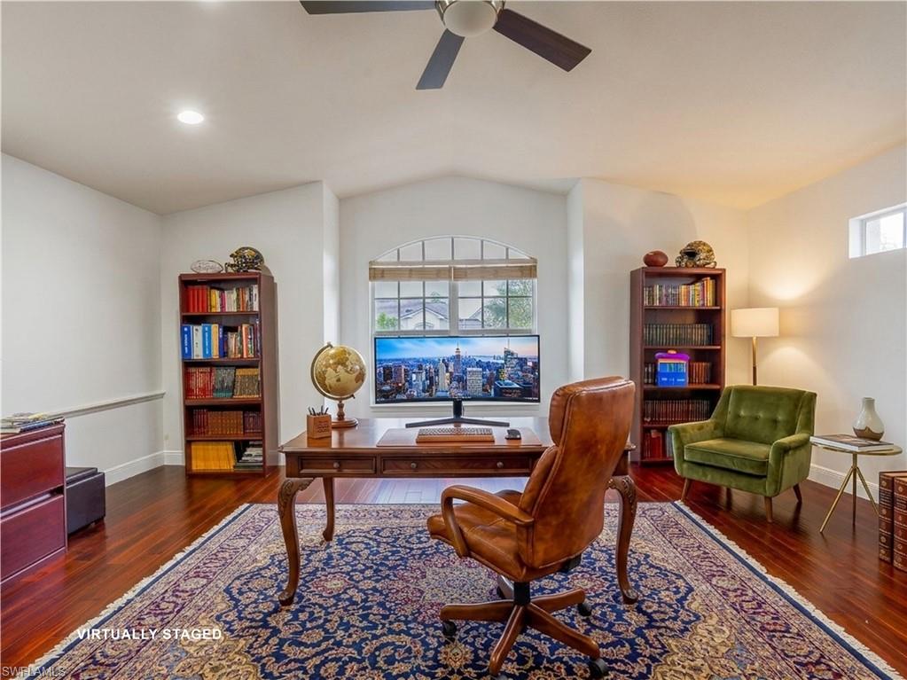 Bonus Room Virtually Staged - with dark wood-style floors, ceiling fan, lofted ceiling, and recessed lighting