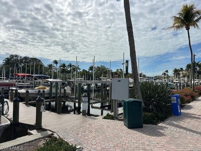 Dock and marina area featuring a water view and boat lift