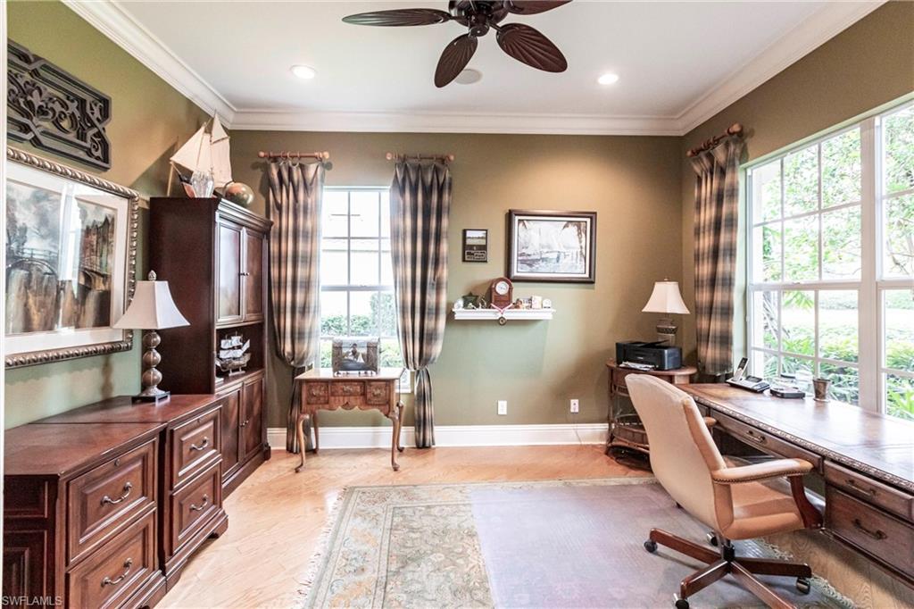 Office space featuring ornamental molding, a ceiling fan, light wood-style floors, and recessed lighting