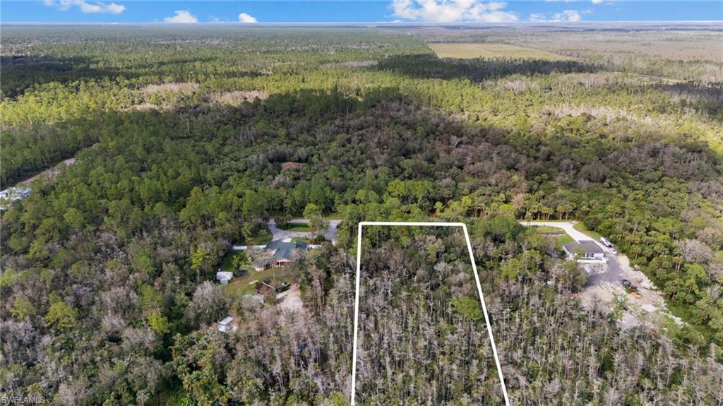 Aerial overview of property's location with property boundaries highlighted and a forest