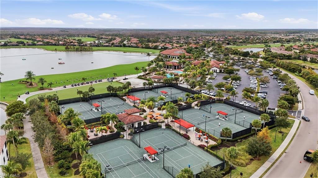 Bird's eye view of a large body of water and a local golf course