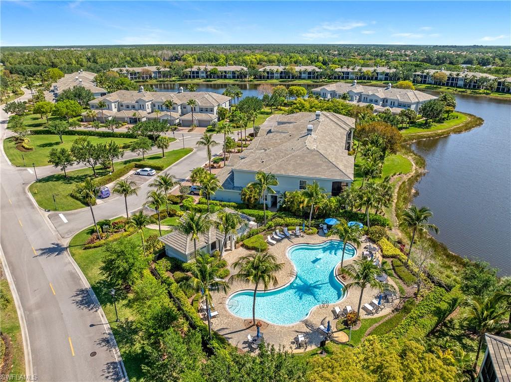 Aerial view of a large body of water and a pool area