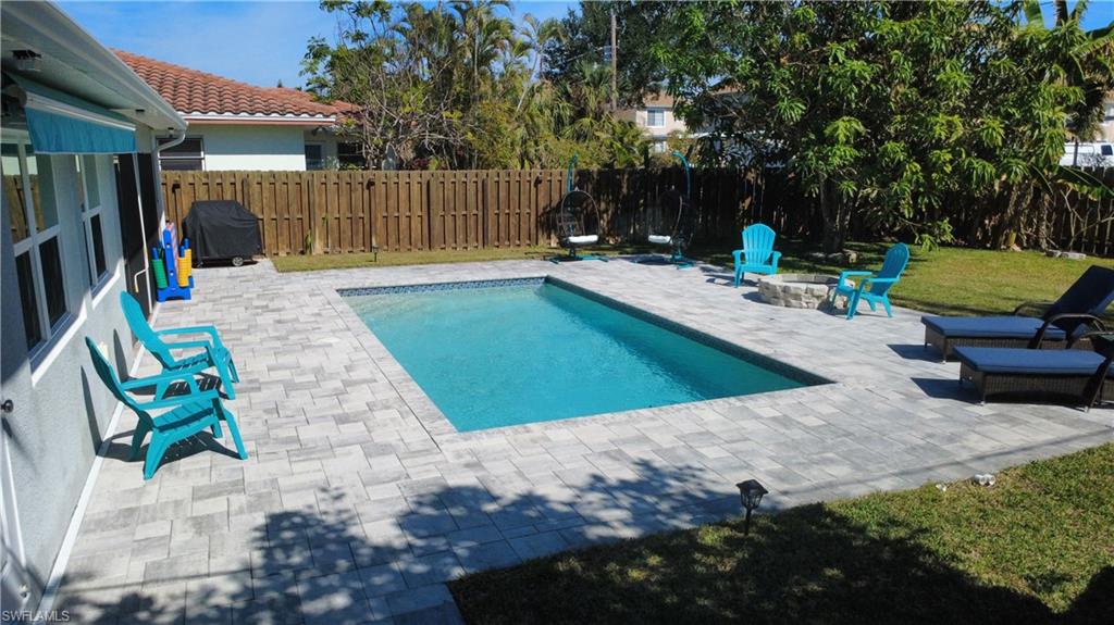 View of swimming pool featuring a fire pit, a patio area, a fenced backyard, and area for grilling