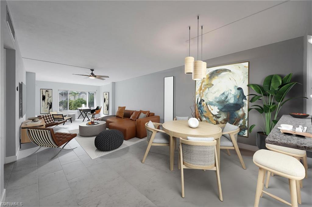 Dining space with a ceiling fan