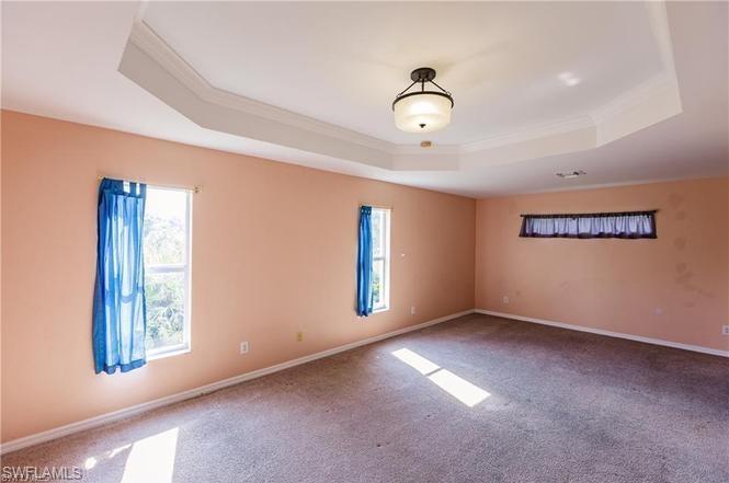 Carpeted spare room with a tray ceiling and ornamental molding