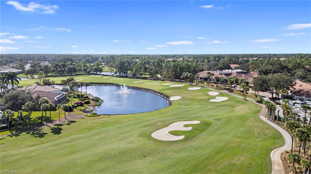 Aerial view of a nearby body of water and a golf club