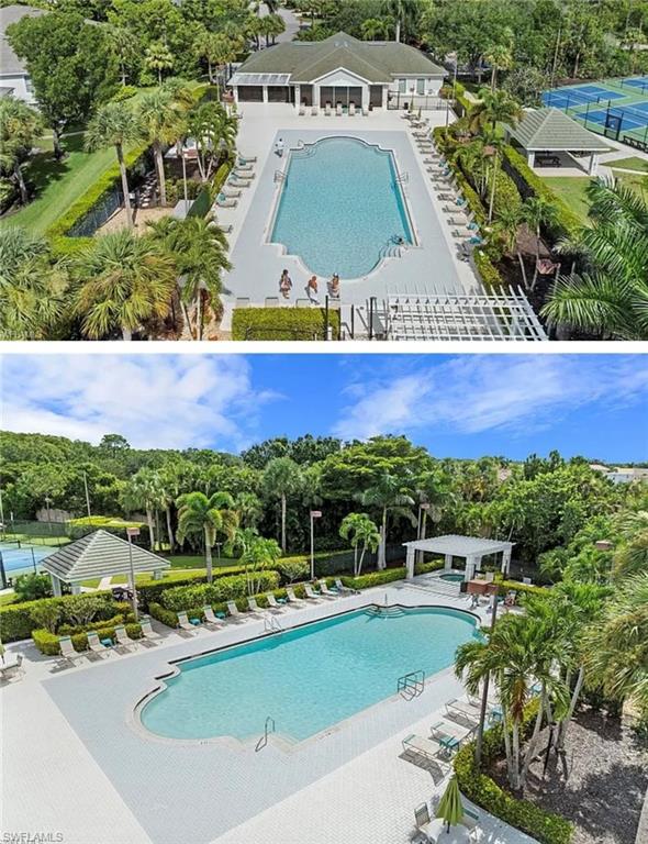 Community pool featuring a patio and view of wooded area