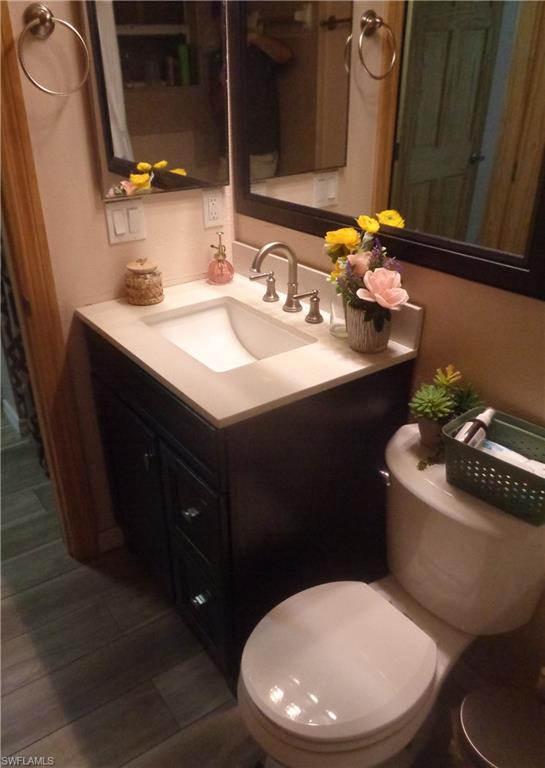 Bathroom 2 featuring vanity and dark wood-style flooring