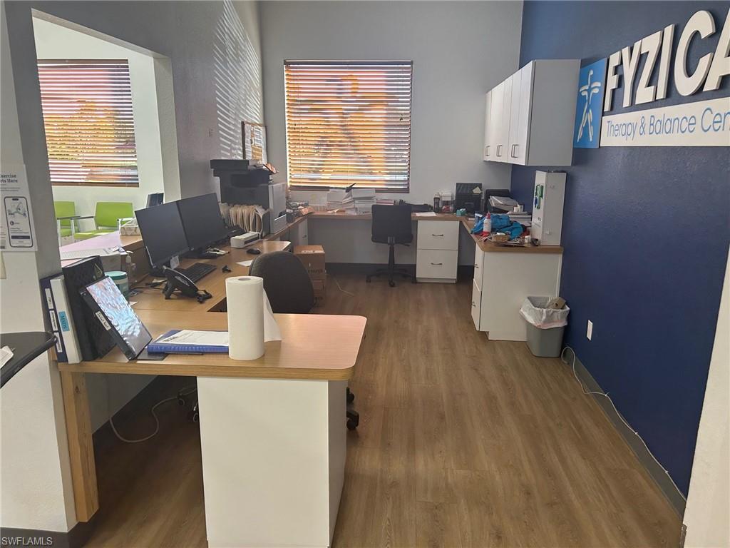 Office with light wood-type flooring and plenty of natural light