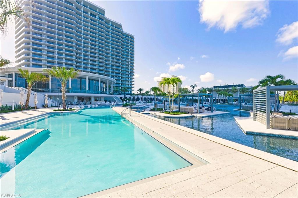 Floating private cabanas dot the lagoon.