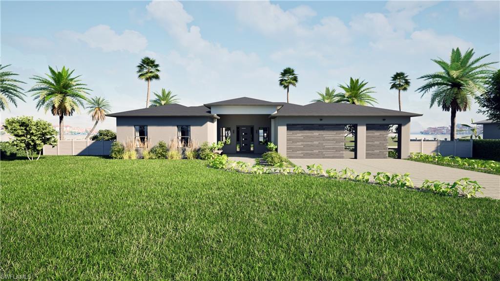 Prairie-style home featuring stucco siding, a front yard, driveway, and a garage