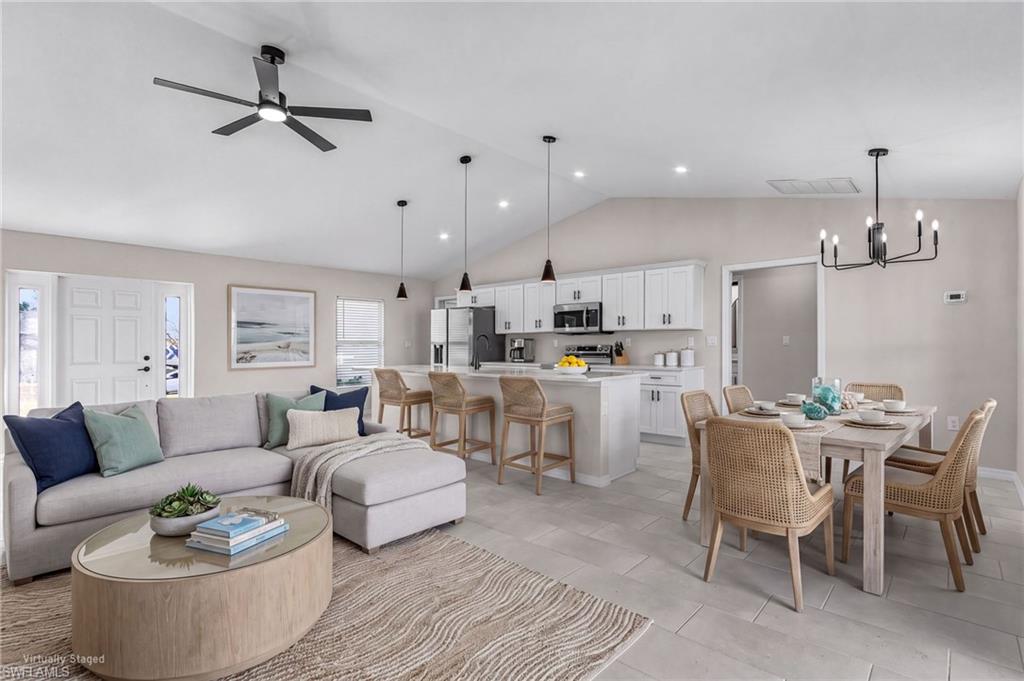 Open-concept living space with vaulted ceilings