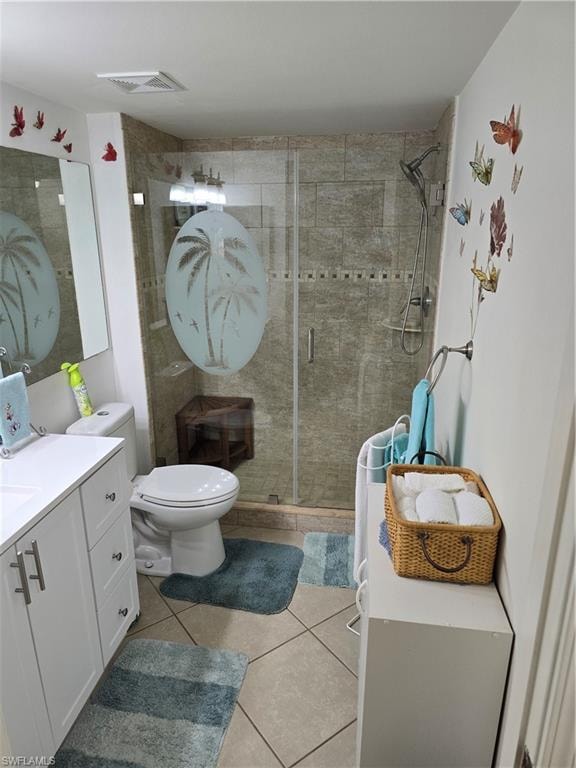 Bathroom with visible vents, tile patterned flooring, vanity, toilet, and a stall shower