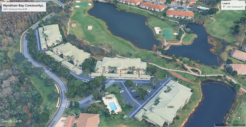 Aerial overview of the Wyndham bay community and pool.