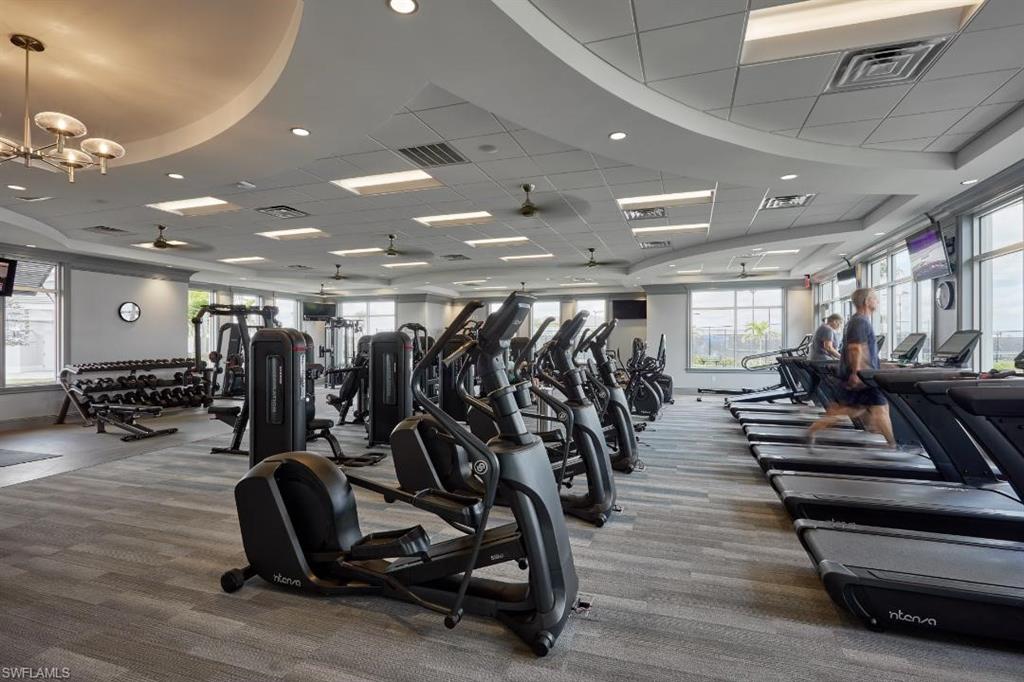 Workout area with carpet, healthy amount of natural light, a drop ceiling, a chandelier, and baseboards