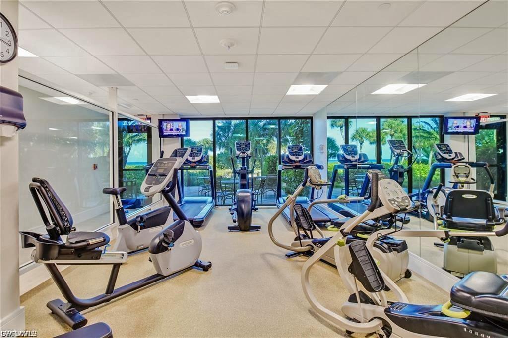 Exercise room with a view to the ocean.