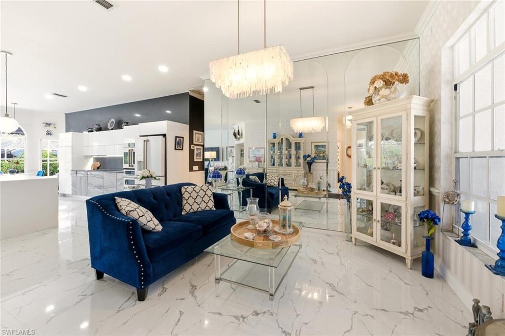 Living area featuring hanging lights