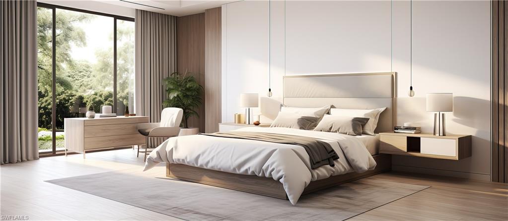 Photos are of a similar home by builder and are for illustrative purposes only. Bedroom with access to exterior and wood finished floors.